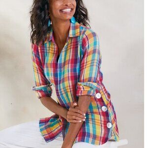 Soft Surroundings Top Womens Size 3X Colorful Plaid Button Up Gauze Kona Shores